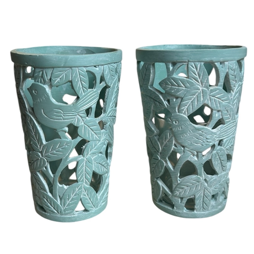 Blue Bird Candle Holder Votive Tea Light Set Of 2 4.25” Tropical Leaves